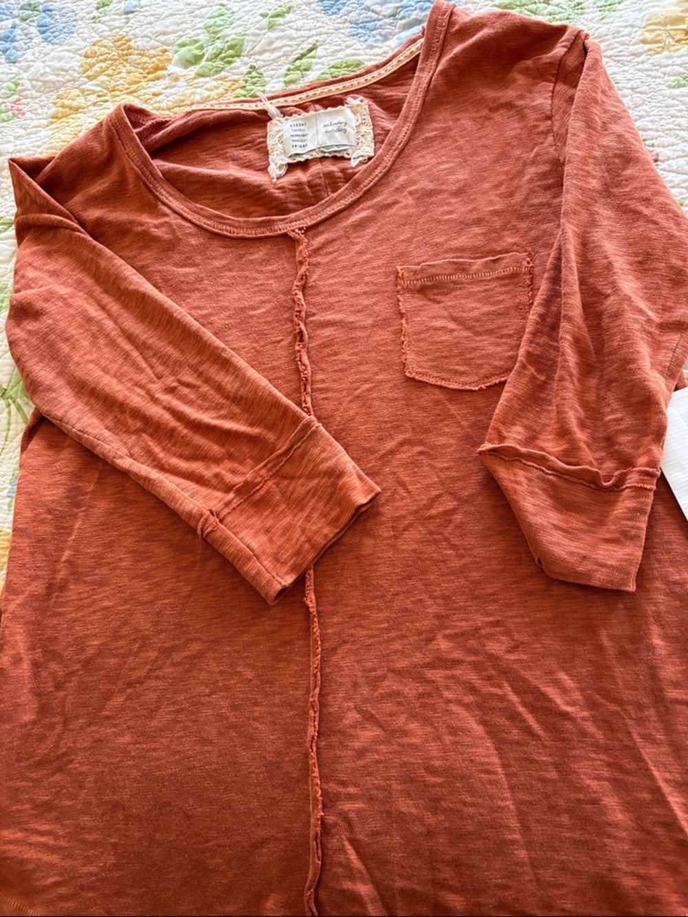 Anthropologie Rust Orange Raw-Seam Three-Quarter Sleeve Pocket Top